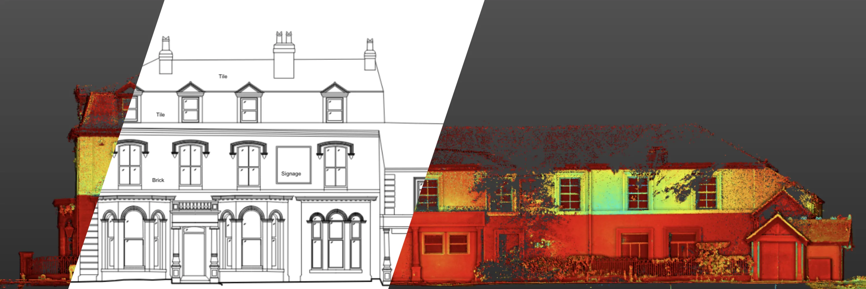 Point cloud survey data alongside elevation drawing — 105 Surveys