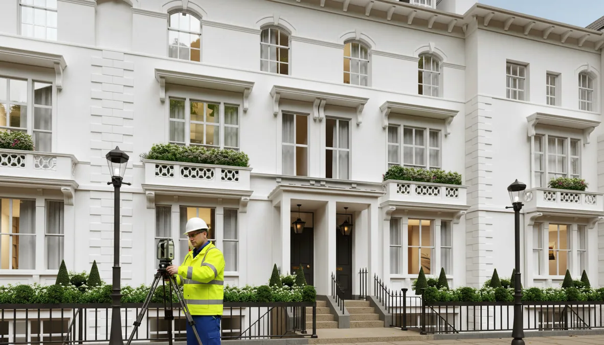 Surveyor with total station outside Georgian property