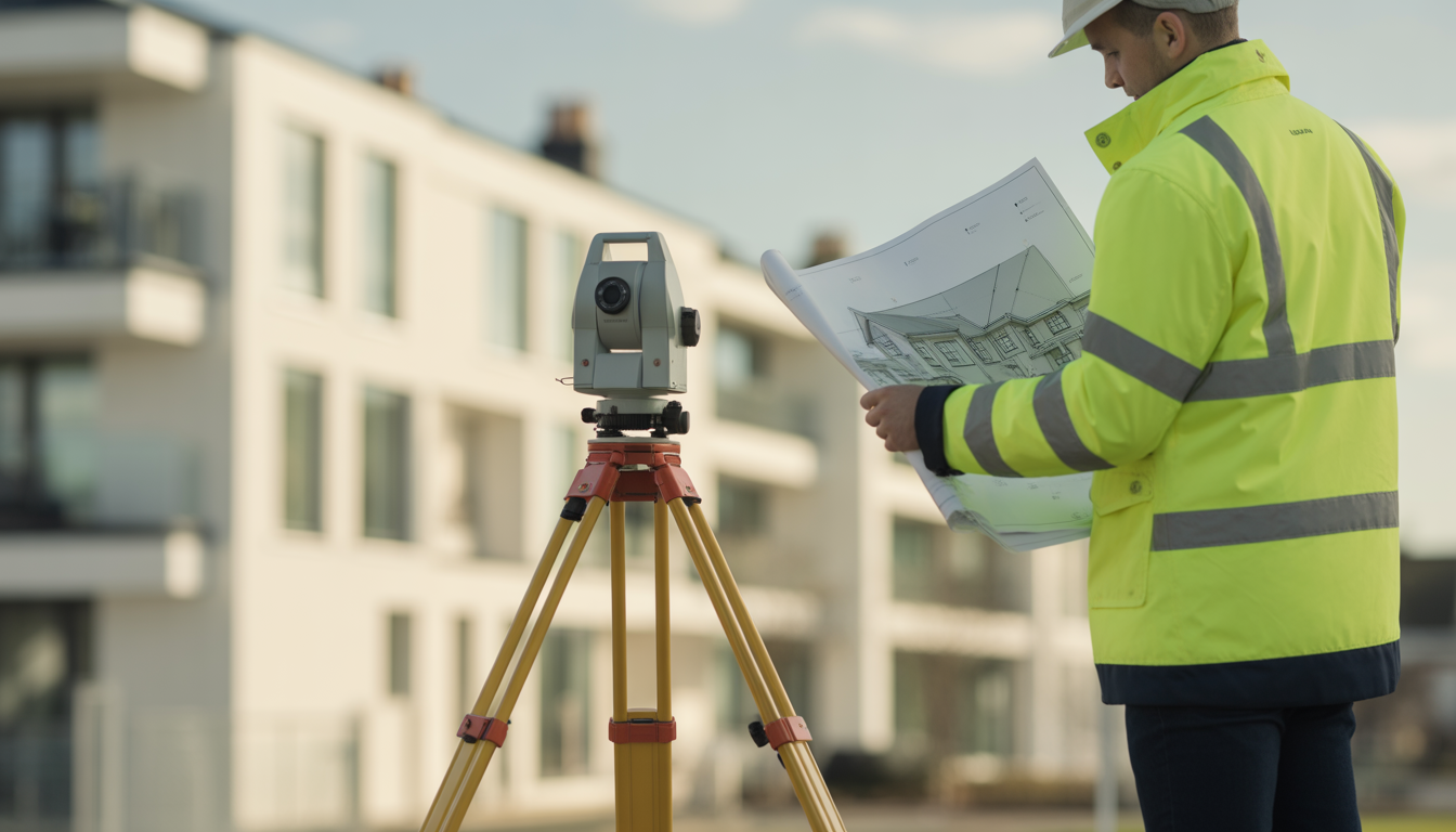 Surveyor reviewing drawings outside Georgian terrace