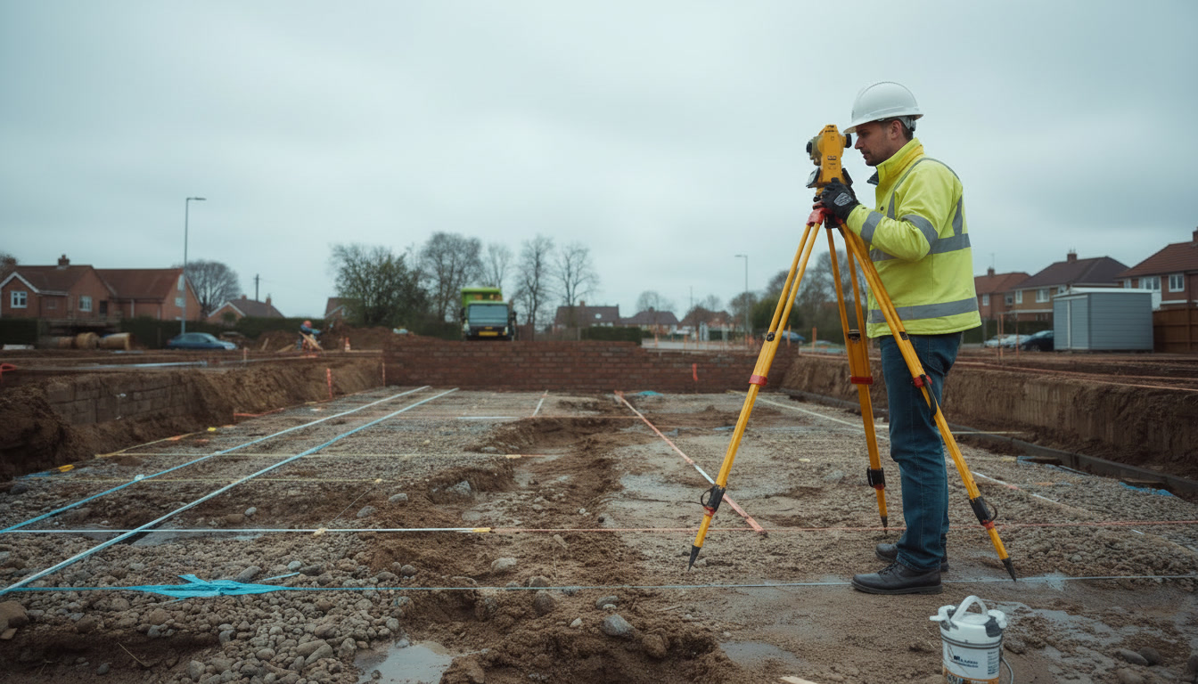 Surveyor with total station setting out foundations on construction site