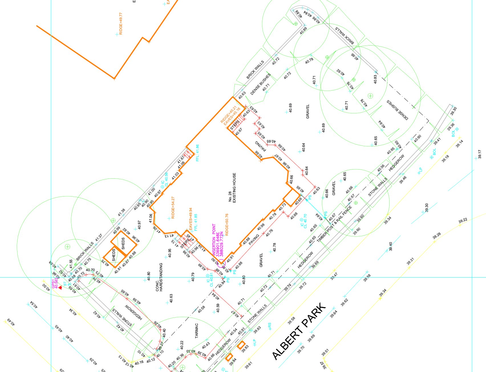 Topographical CAD survey plan with contours and levels