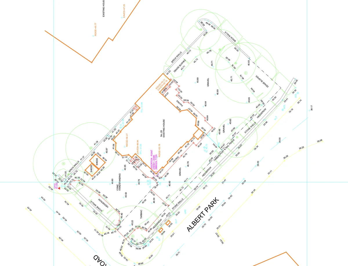 Topographical CAD site plan showing contours and site features