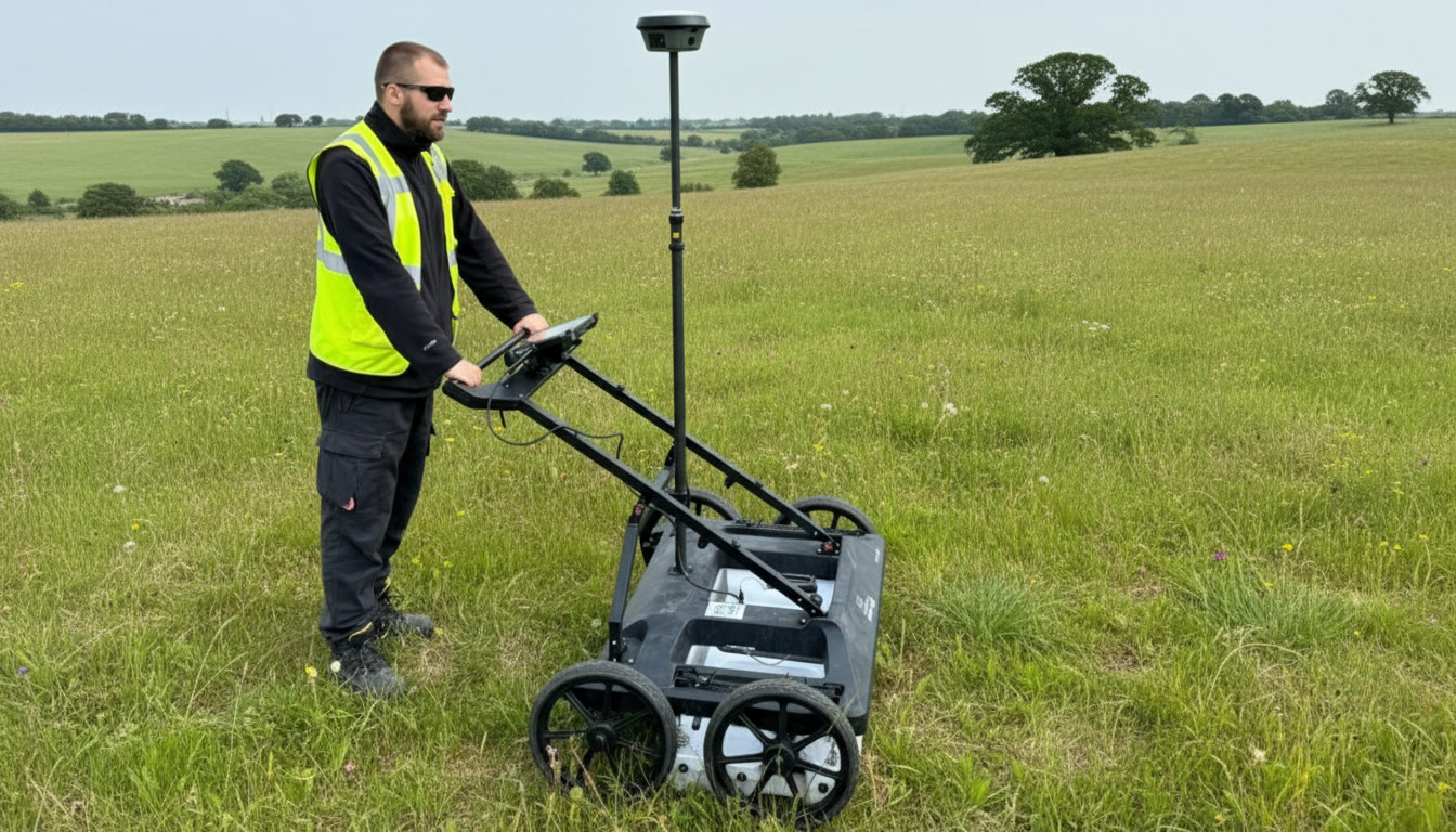 Surveyor using GPR equipment for underground utility detection in field
